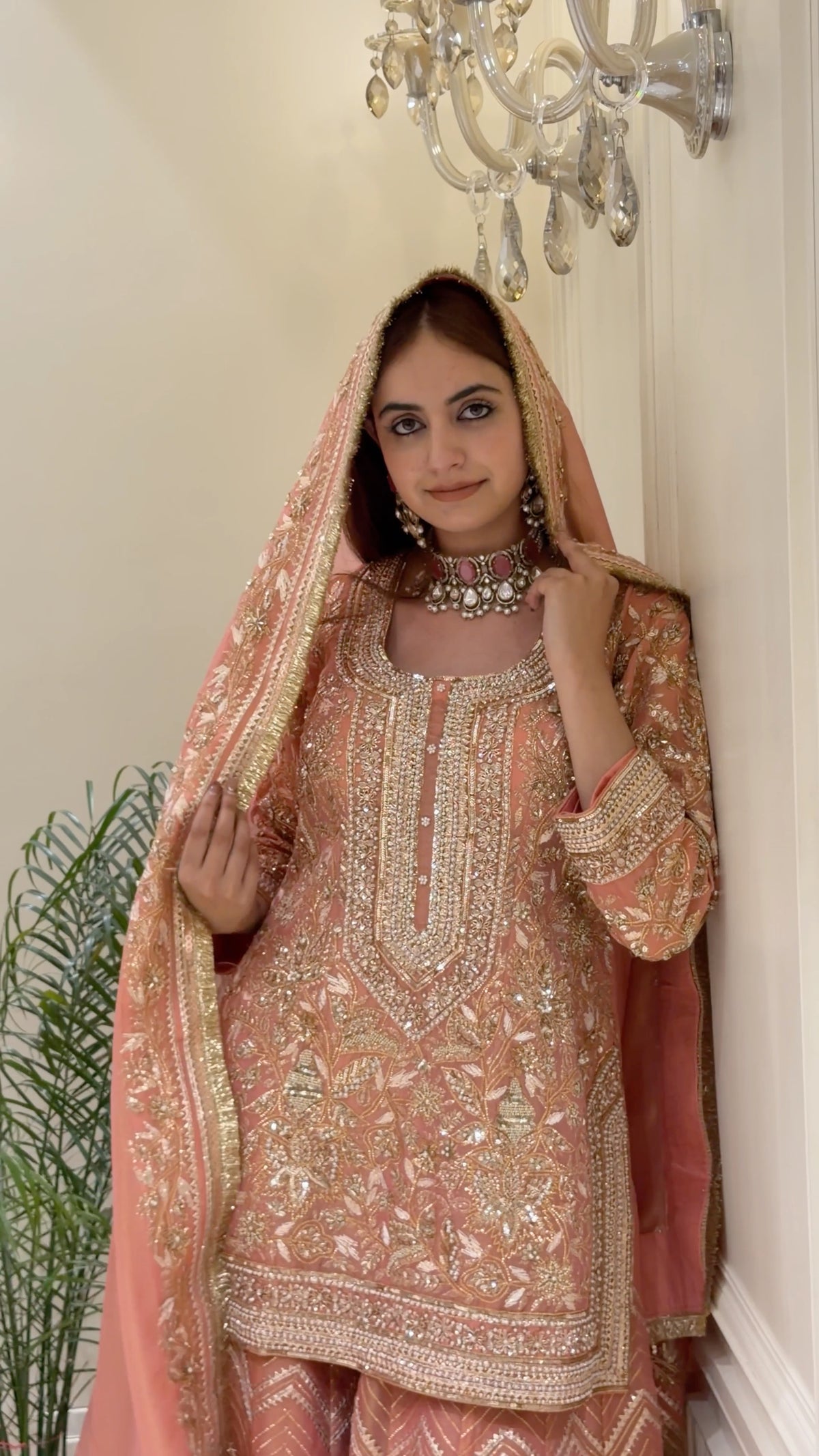 Zari & Pearl Hand Embroidered Festive Suit with Intricate Neckline Detailing