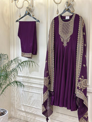 Hand-Embellished Upada Silk Anarkali Suit Set with Organza Dupatta