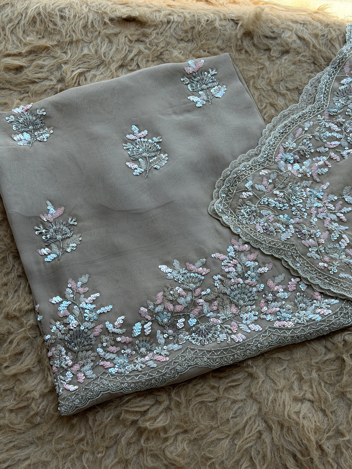 Sequin Embroidered Designer Suit with Elegant Floral Border Dupatta