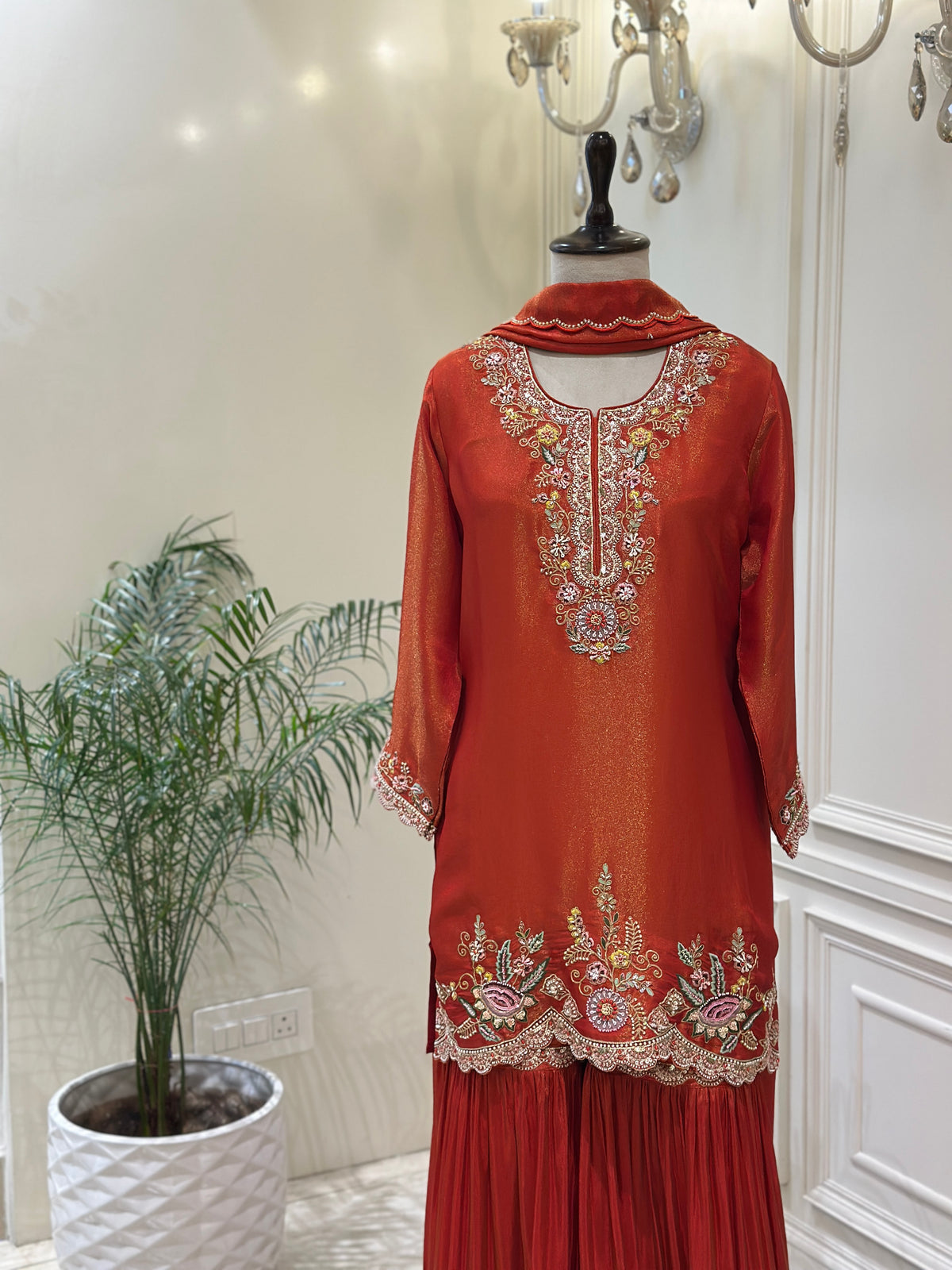 Burnt Orange Tissue Silk Gharara Set