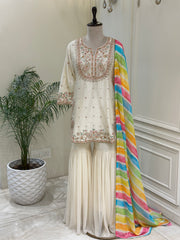 Ivory Silk Gharara Set with Multicolor Organza Dupatta