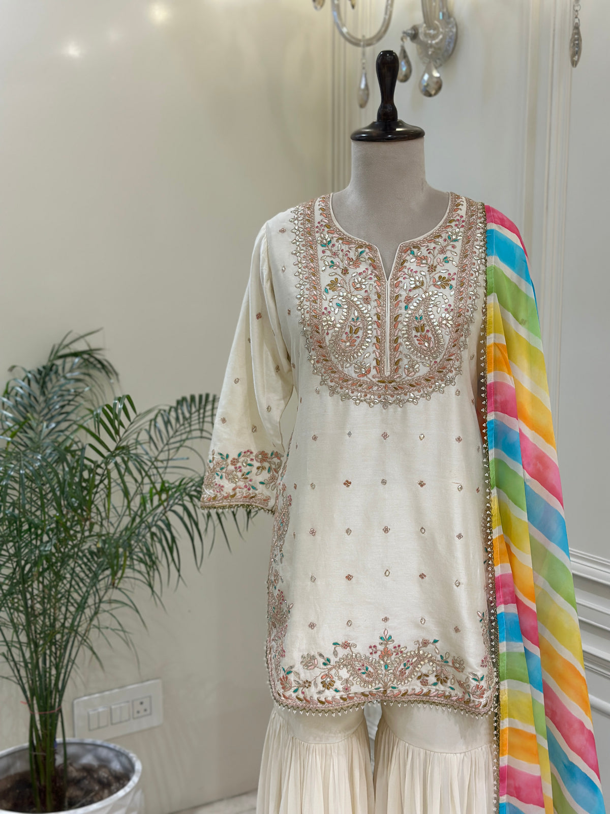 Ivory Silk Gharara Set with Multicolor Organza Dupatta