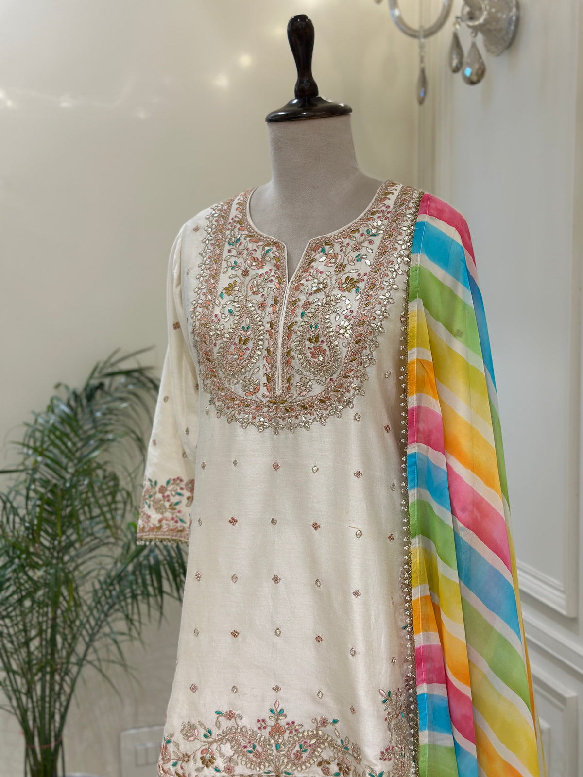 Ivory Silk Gharara Set with Multicolor Organza Dupatta