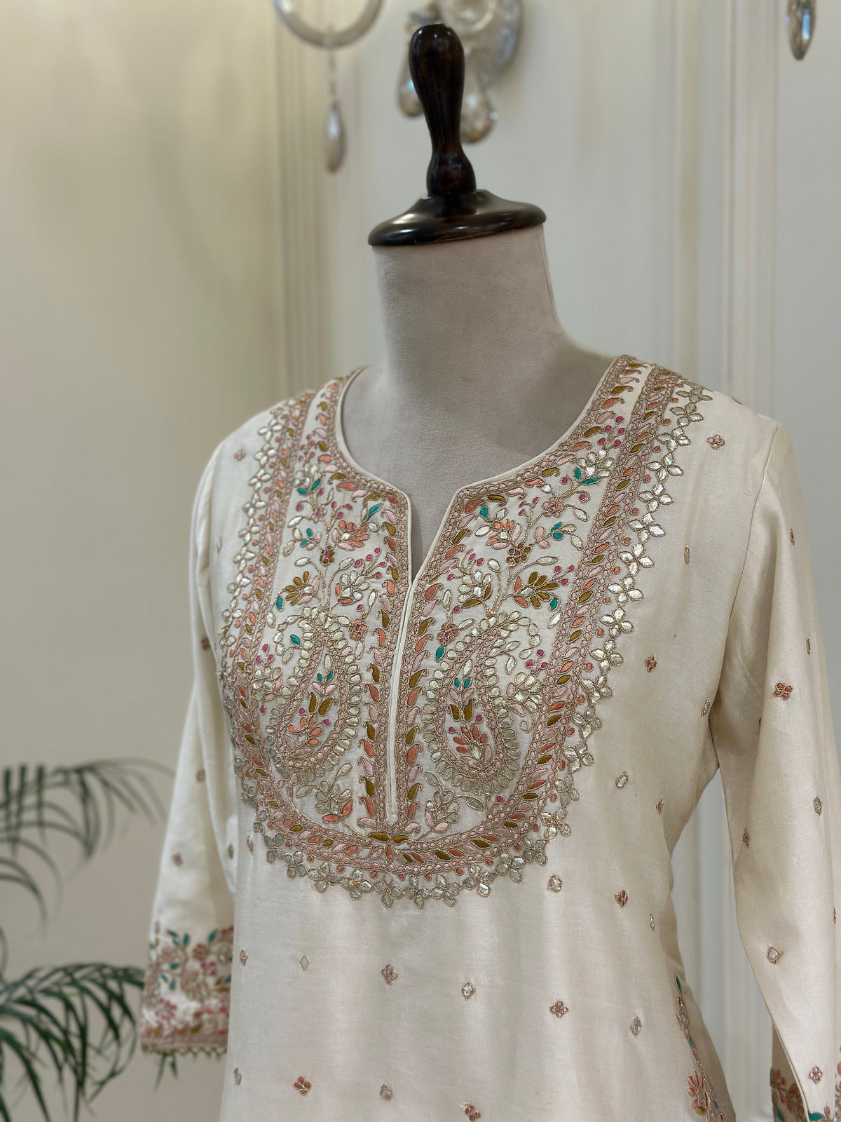 Ivory Silk Gharara Set with Multicolor Organza Dupatta