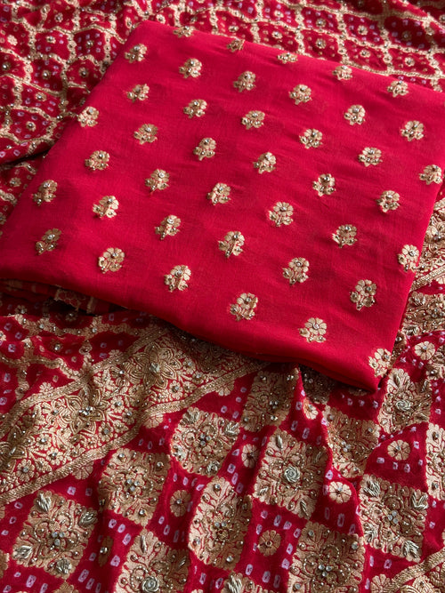 Luxury Banarasi Khaddi Georgette Suit with Heavy Embellished Dupatta & Crepe Bottom