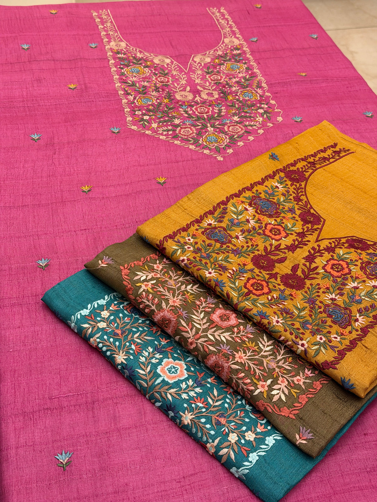 Noor-e-Gul – Pure Tassar Silk Suit with Multicolour Floral Embroidery