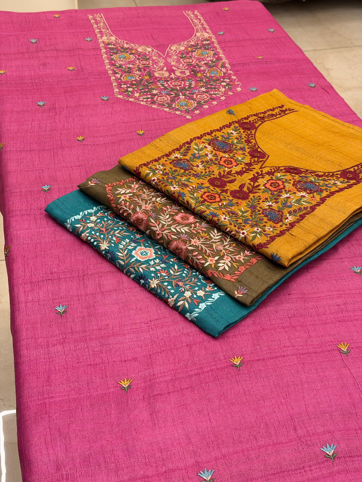 Noor-e-Gul – Pure Tassar Silk Suit with Multicolour Floral Embroidery