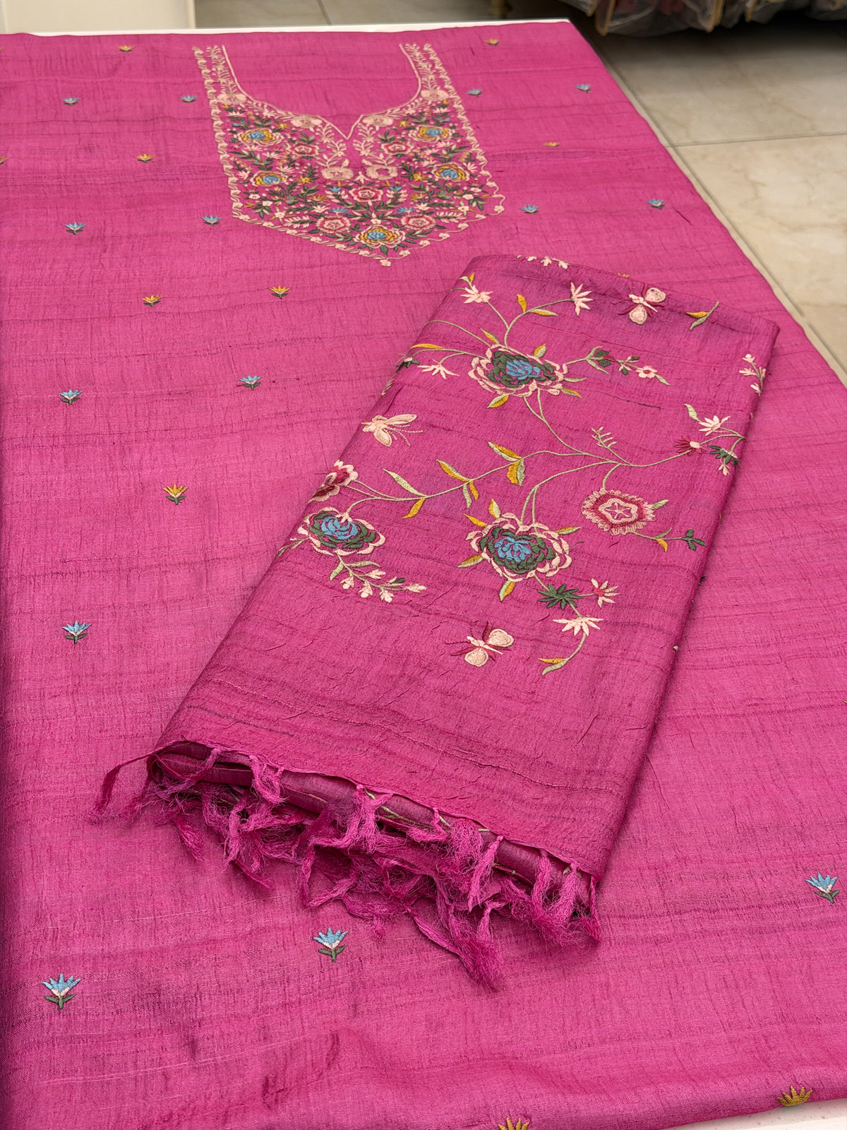 Noor-e-Gul – Pure Tassar Silk Suit with Multicolour Floral Embroidery
