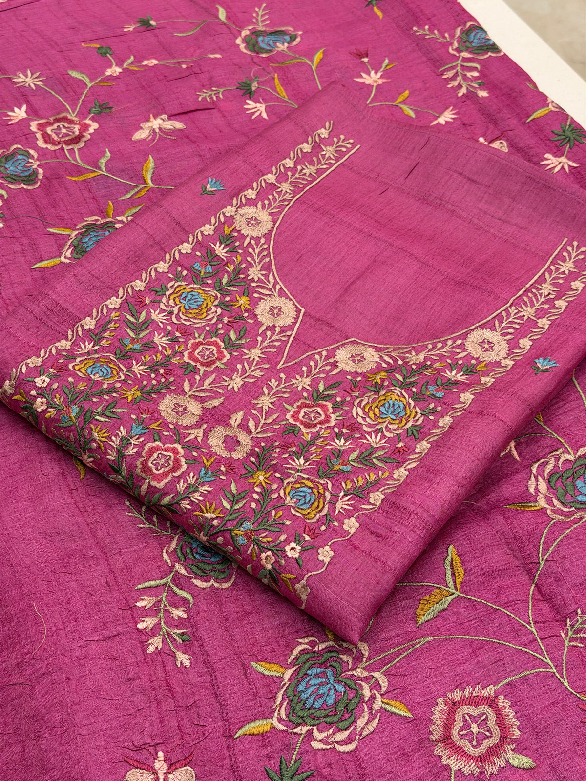 Noor-e-Gul – Pure Tassar Silk Suit with Multicolour Floral Embroidery