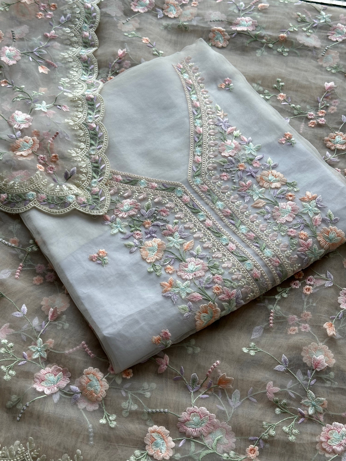 Pastel Bloom Hand-Embroidered Organza Suit Set