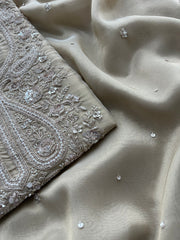 Soft Beige Designer Suit with Elegant Threadwork & Embellished Neckline