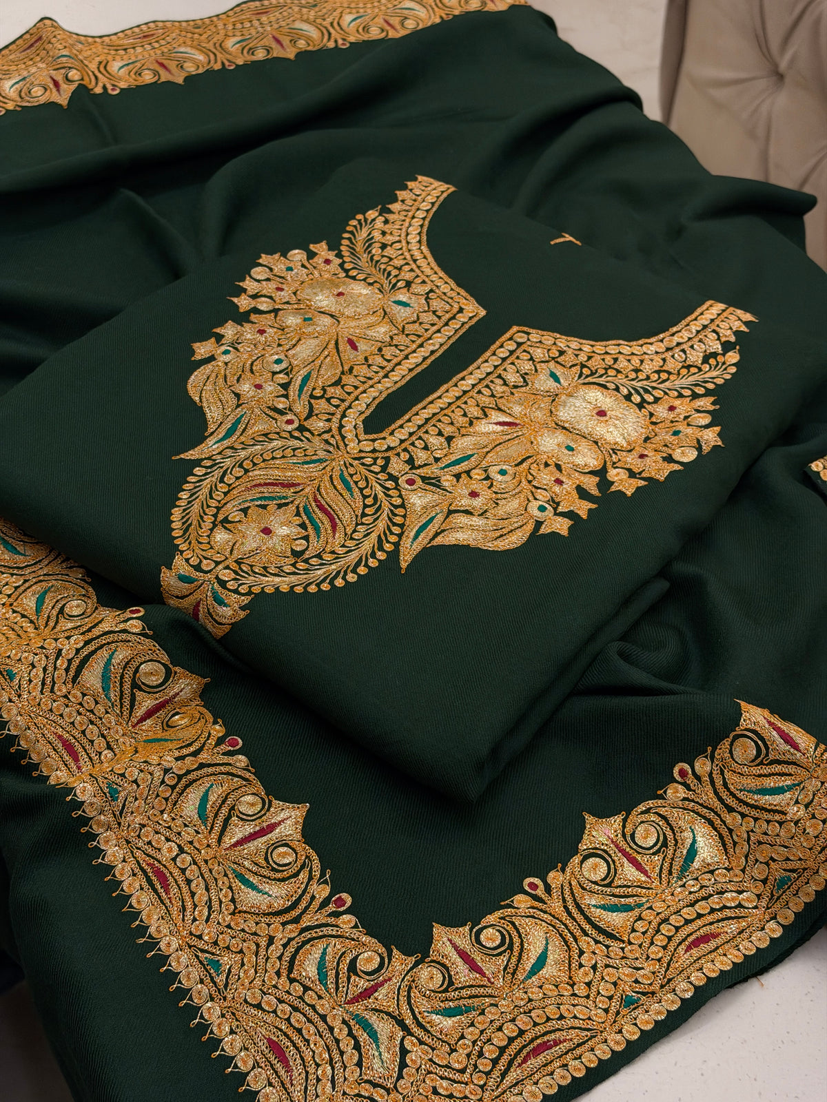 Pure Wool Tilla Embroidered Suit with Shawl