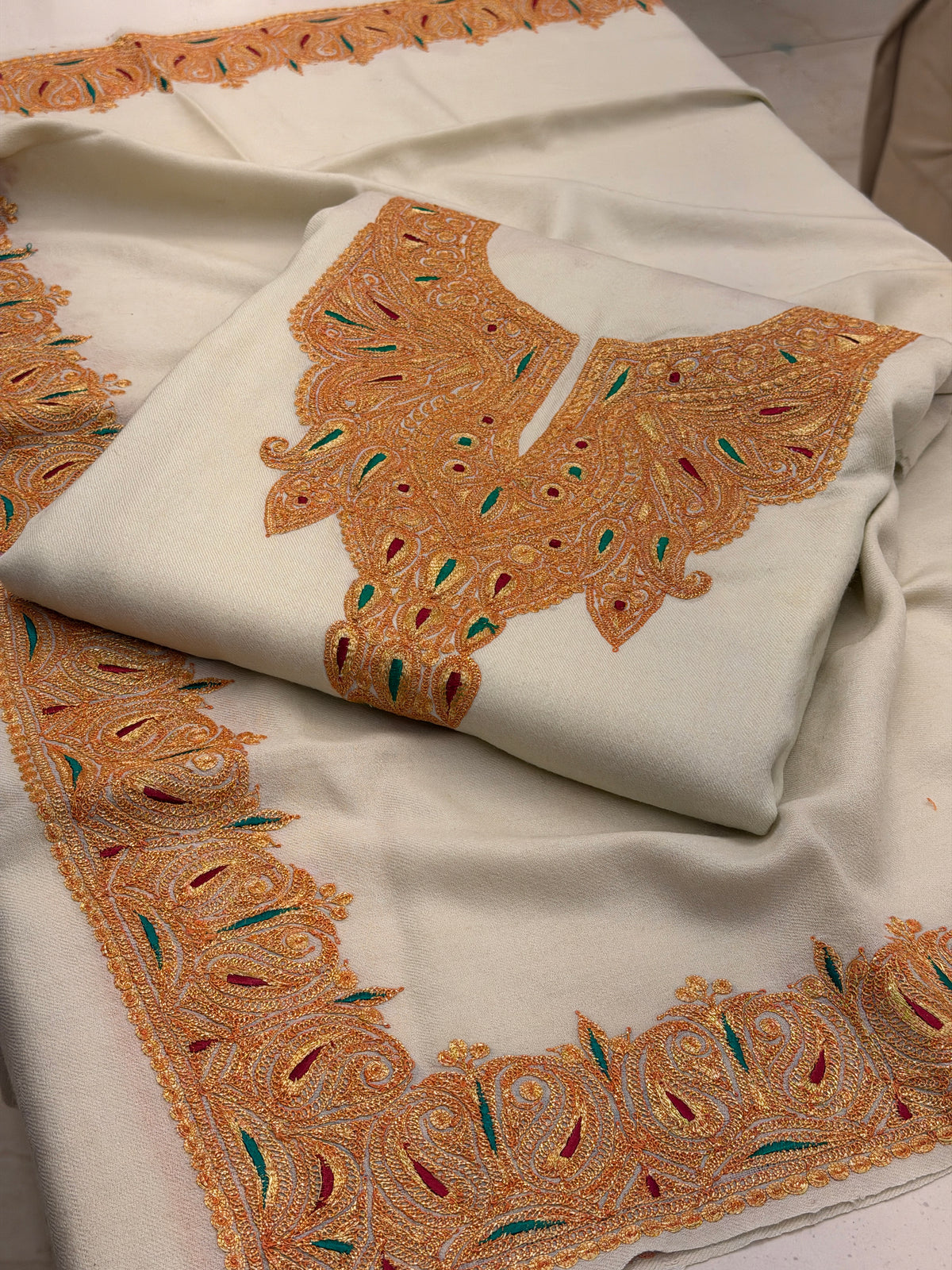 Pure Wool Tilla Embroidered Suit with Shawl