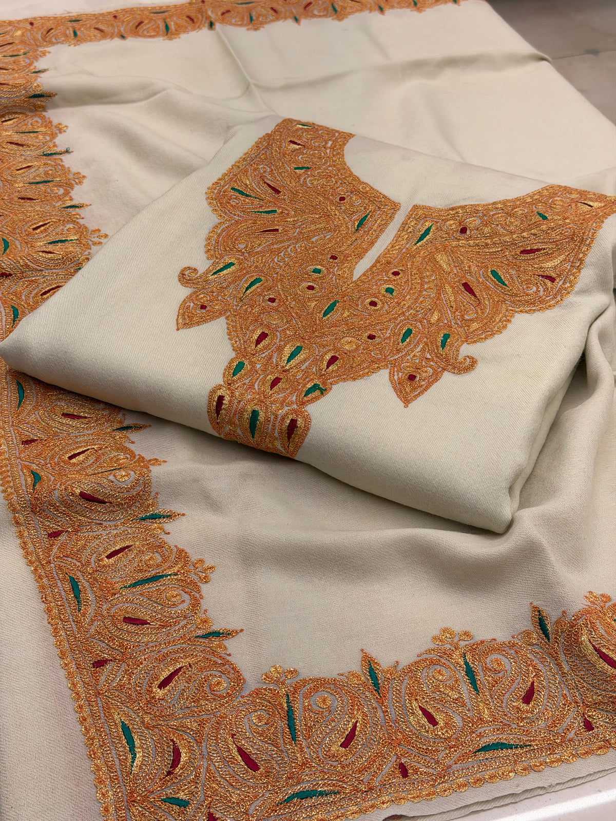 Pure Wool Tilla Embroidered Suit with Shawl