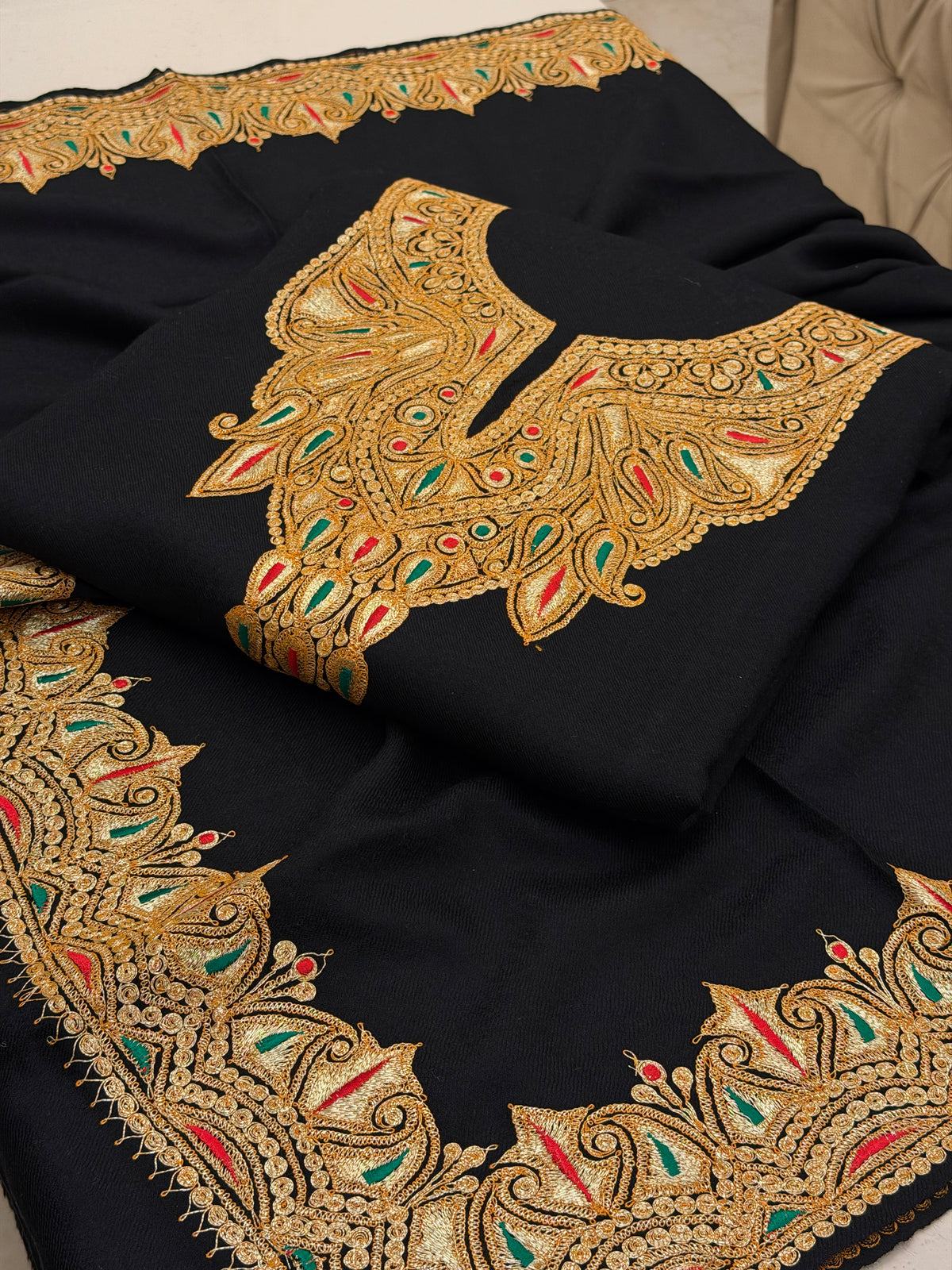 Pure Wool Tilla Embroidered Suit with Shawl