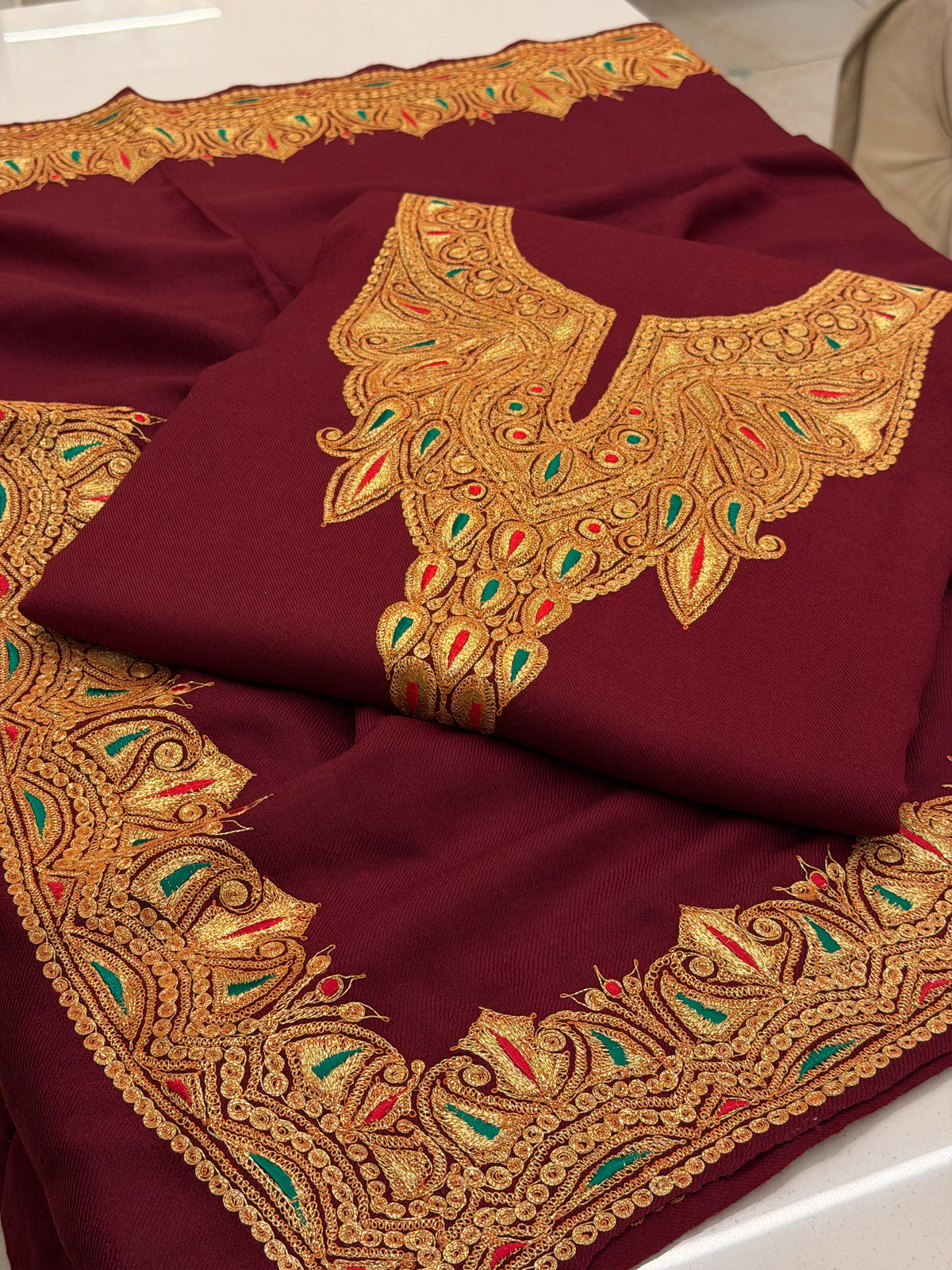 Pure Wool Tilla Embroidered Suit with Shawl