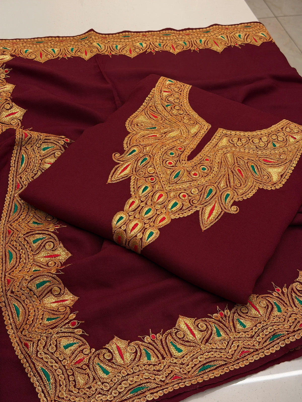 Pure Wool Tilla Embroidered Suit with Shawl