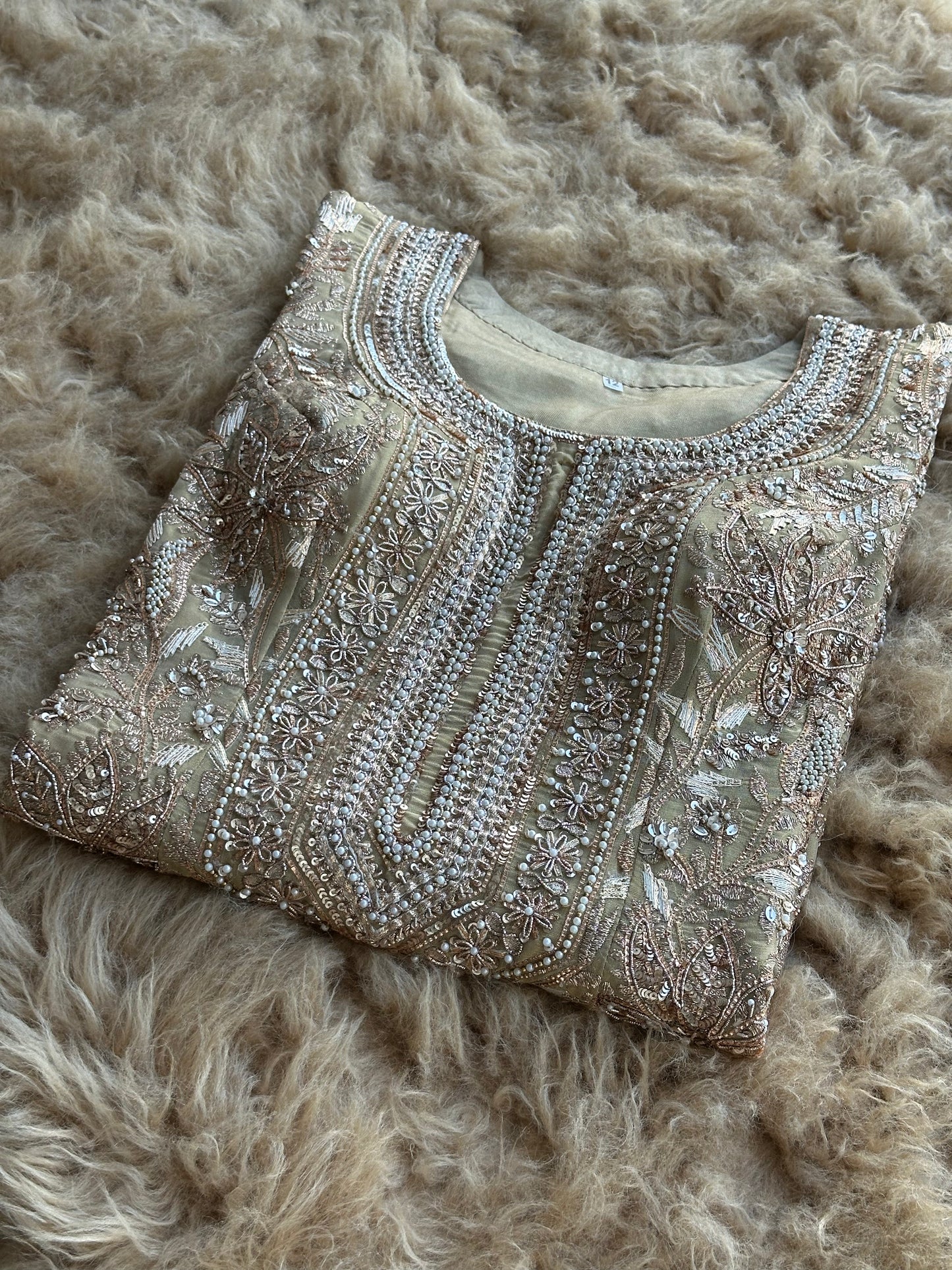 Zari & Pearl Hand Embroidered Festive Suit with Intricate Neckline Detailing