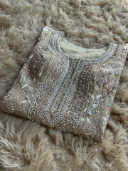 Zari & Pearl Hand Embroidered Festive Suit with Intricate Neckline Detailing