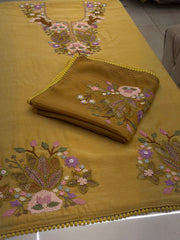 Pure Mull Floral Appliqué Suit Set with Organza Dupatta