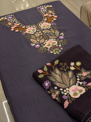 Pure Mull Floral Appliqué Suit Set with Organza Dupatta