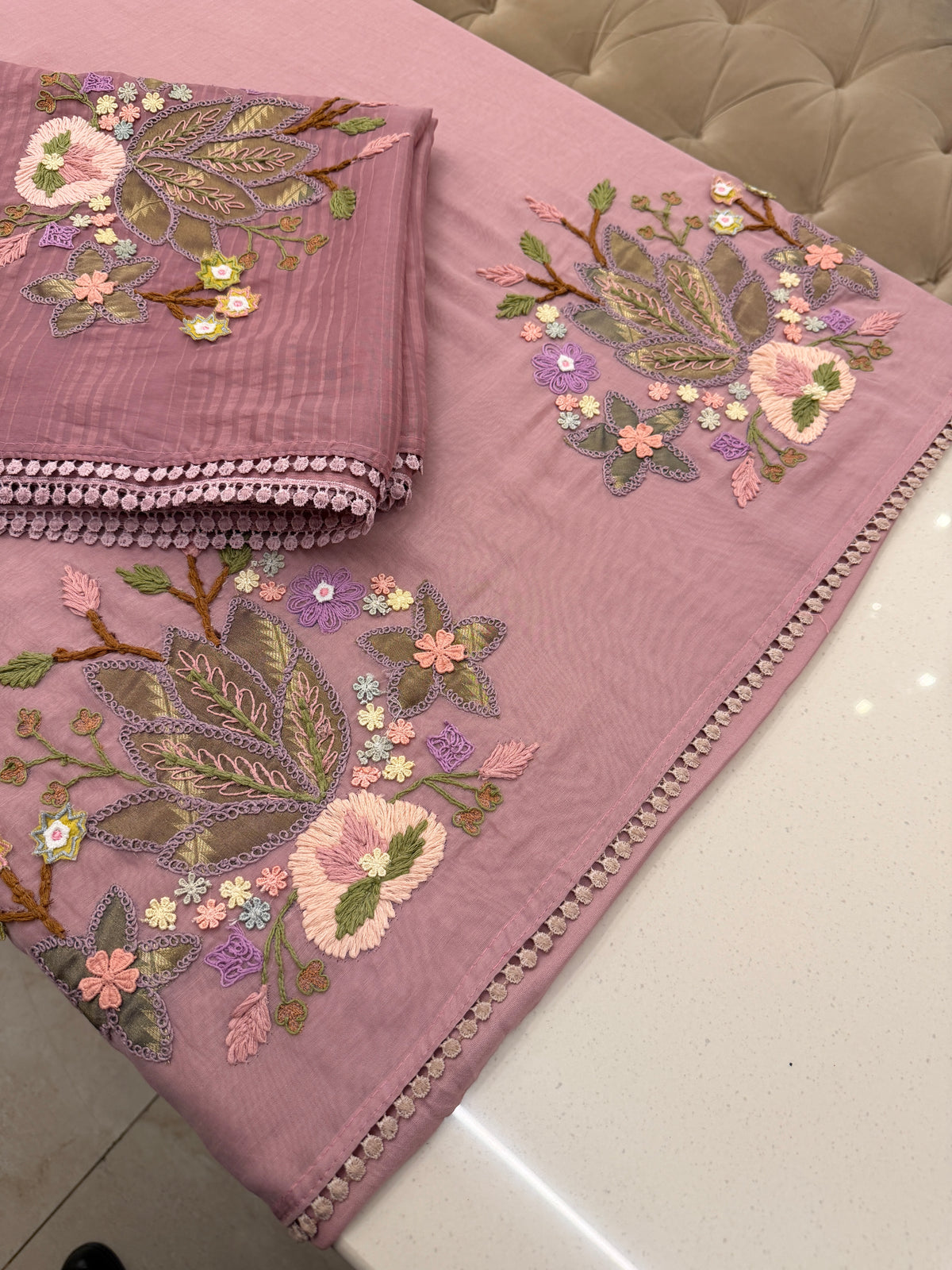 Pure Mull Floral Appliqué Suit Set with Organza Dupatta
