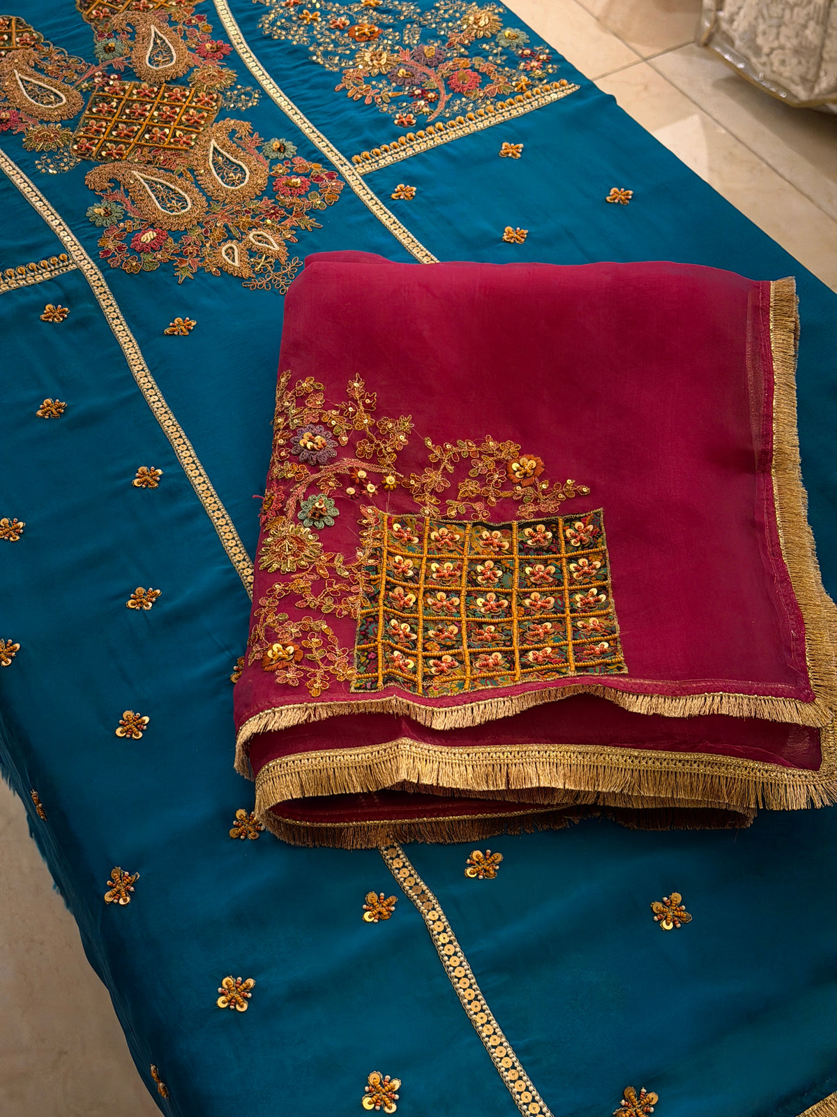 Hand-Embellished Pure Crepe Suit Set with Organza Dupatta