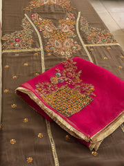 Hand-Embellished Pure Crepe Suit Set with Organza Dupatta