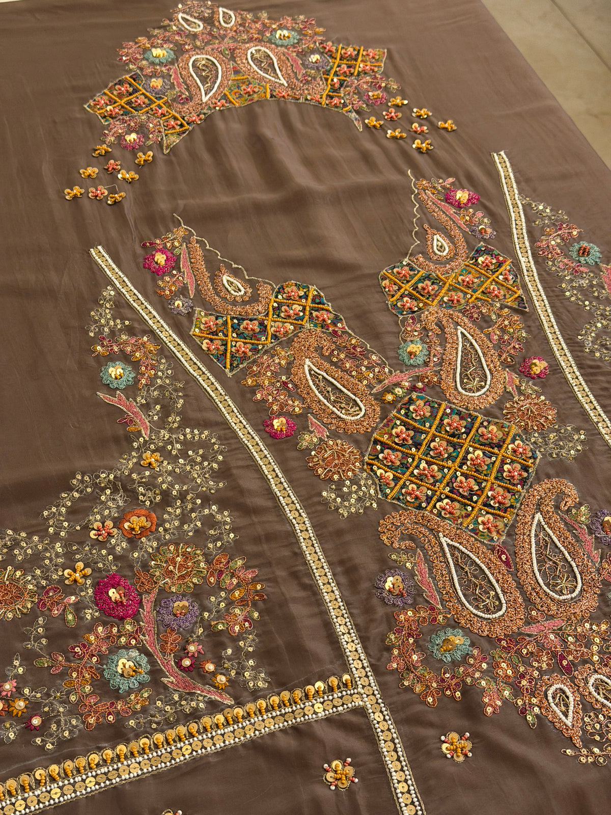 Hand-Embellished Pure Crepe Suit Set with Organza Dupatta
