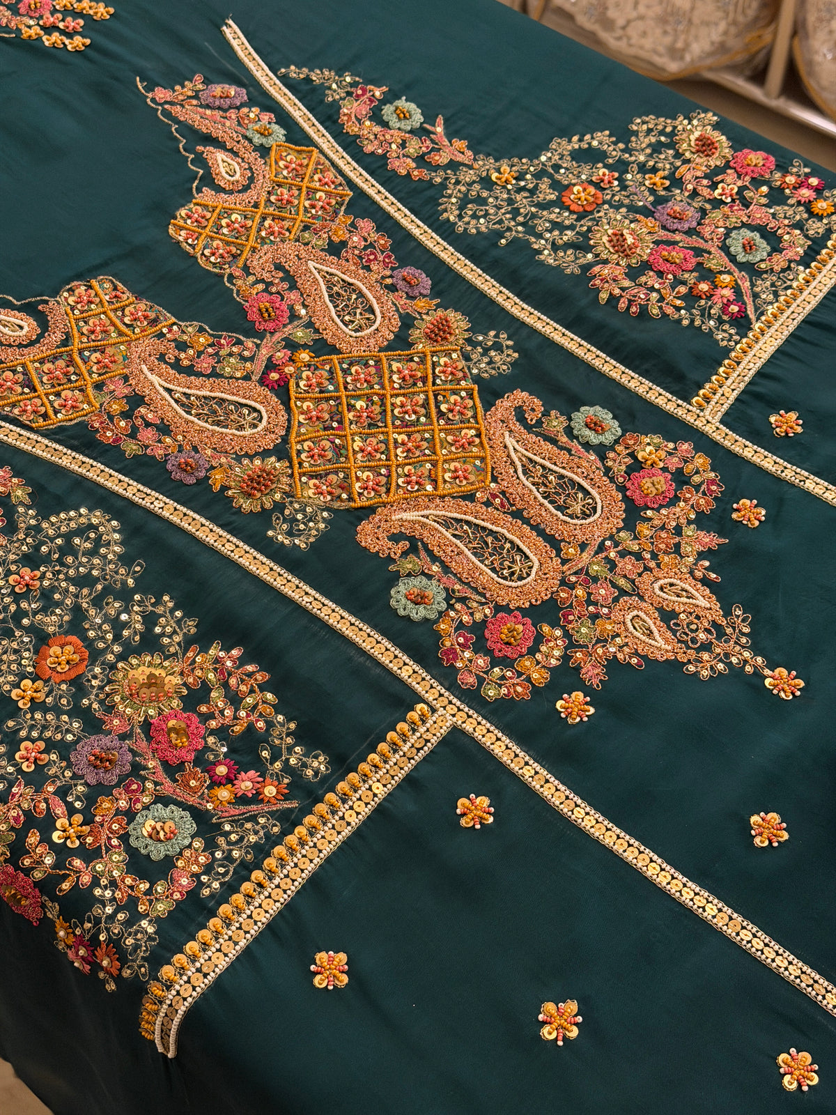 Hand-Embellished Pure Crepe Suit Set with Organza Dupatta