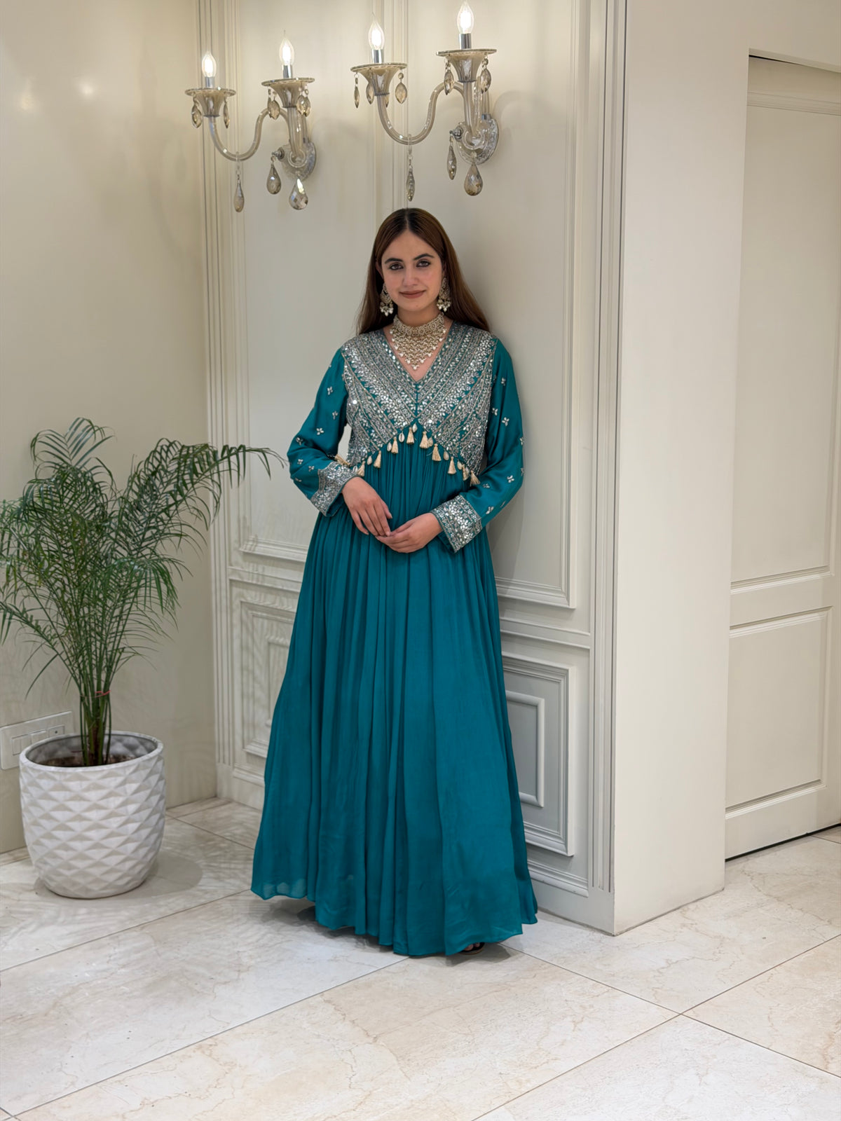 Mirror & Dabka Embellished Chinon Gown