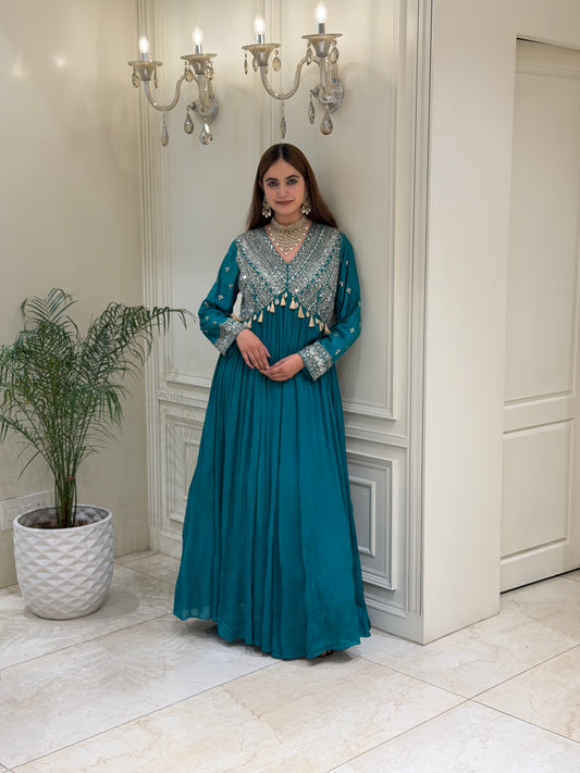 Mirror & Dabka Embellished Chinon Gown