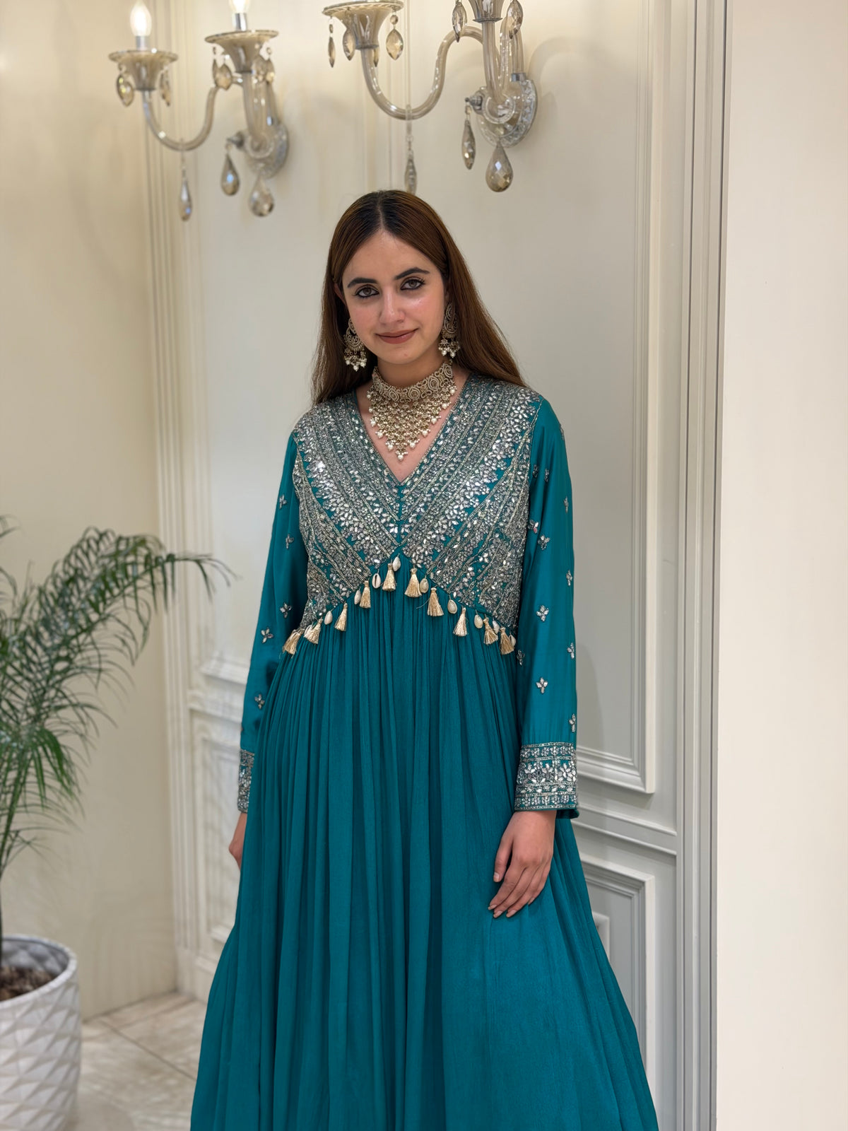 Mirror & Dabka Embellished Chinon Gown
