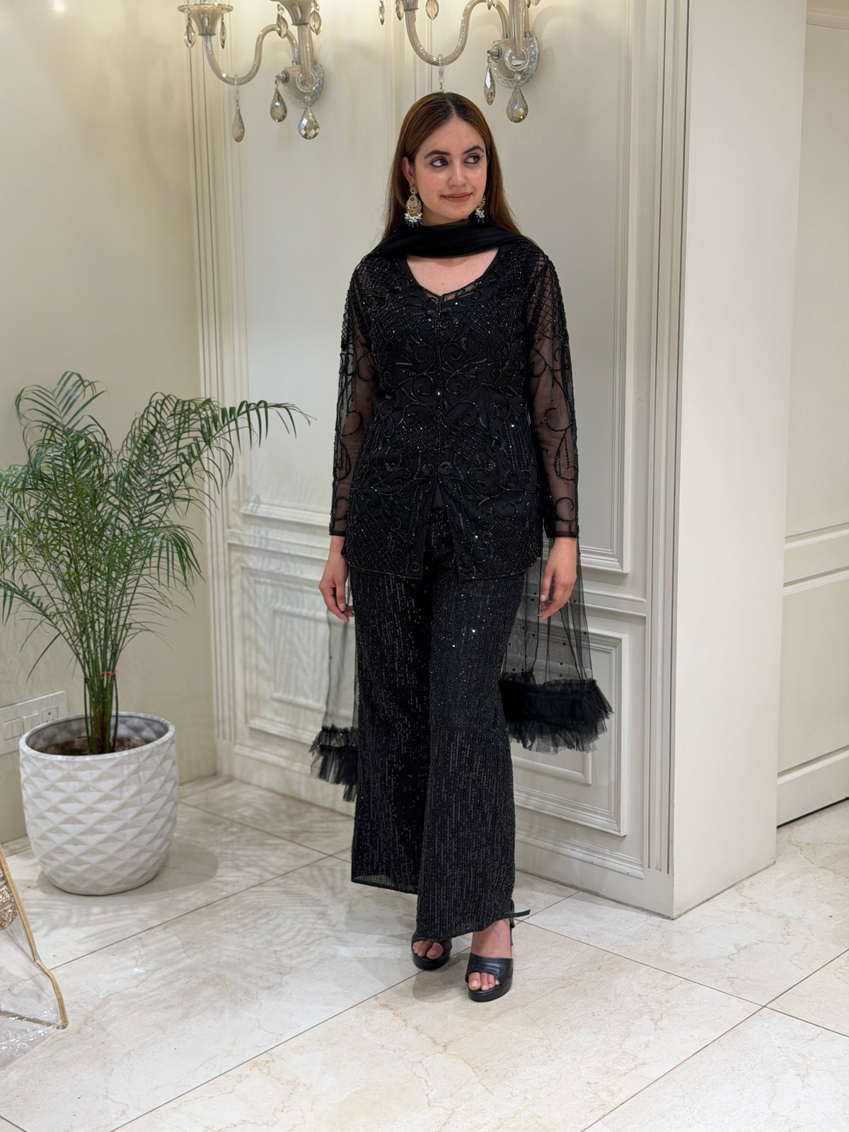 Cutdana & Sequin Embellished Net Co-ord Set