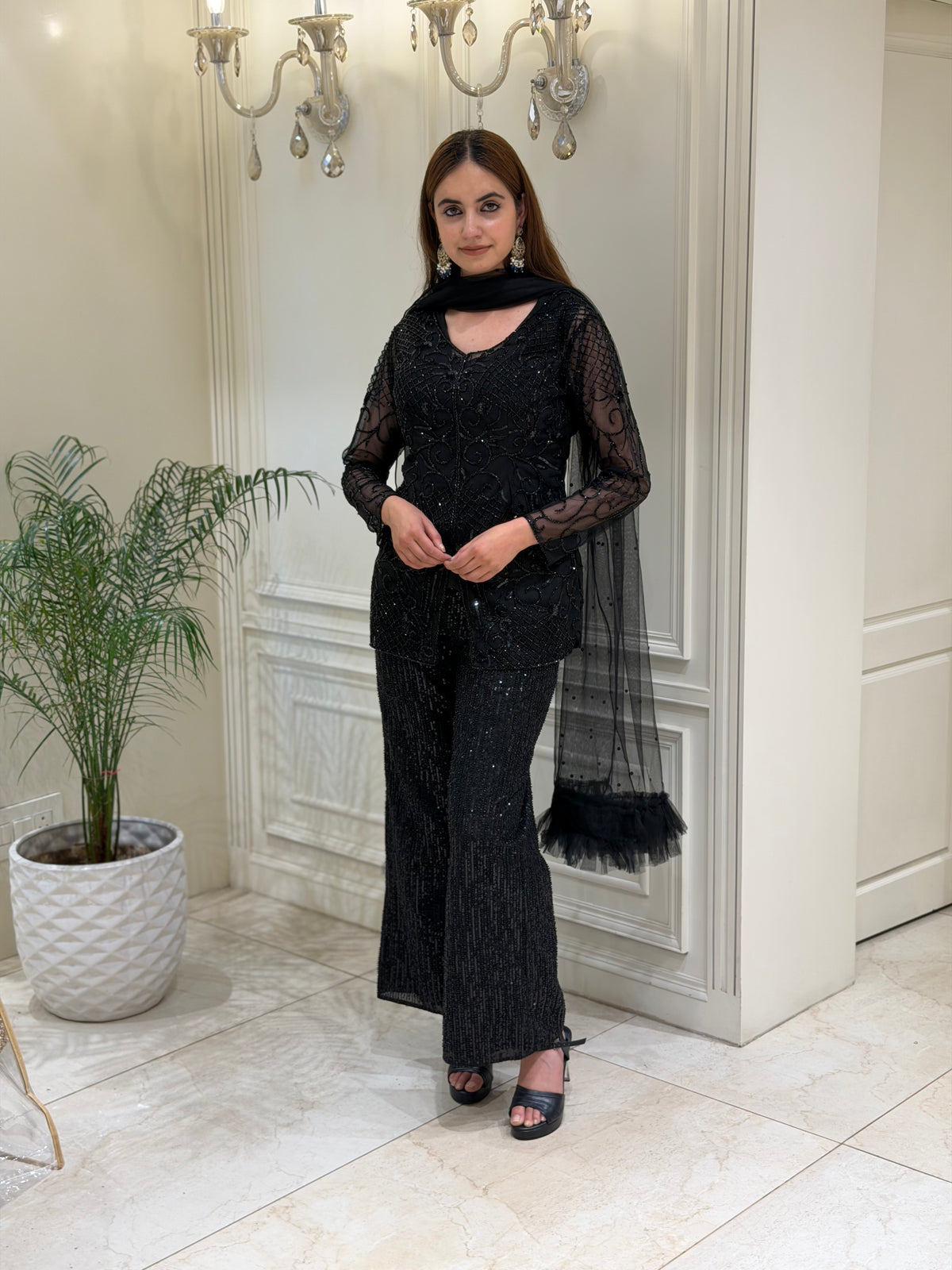 Cutdana & Sequin Embellished Net Co-ord Set