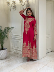 Rani Pink Chinoon Suit Set with Handcrafted Katdana Work