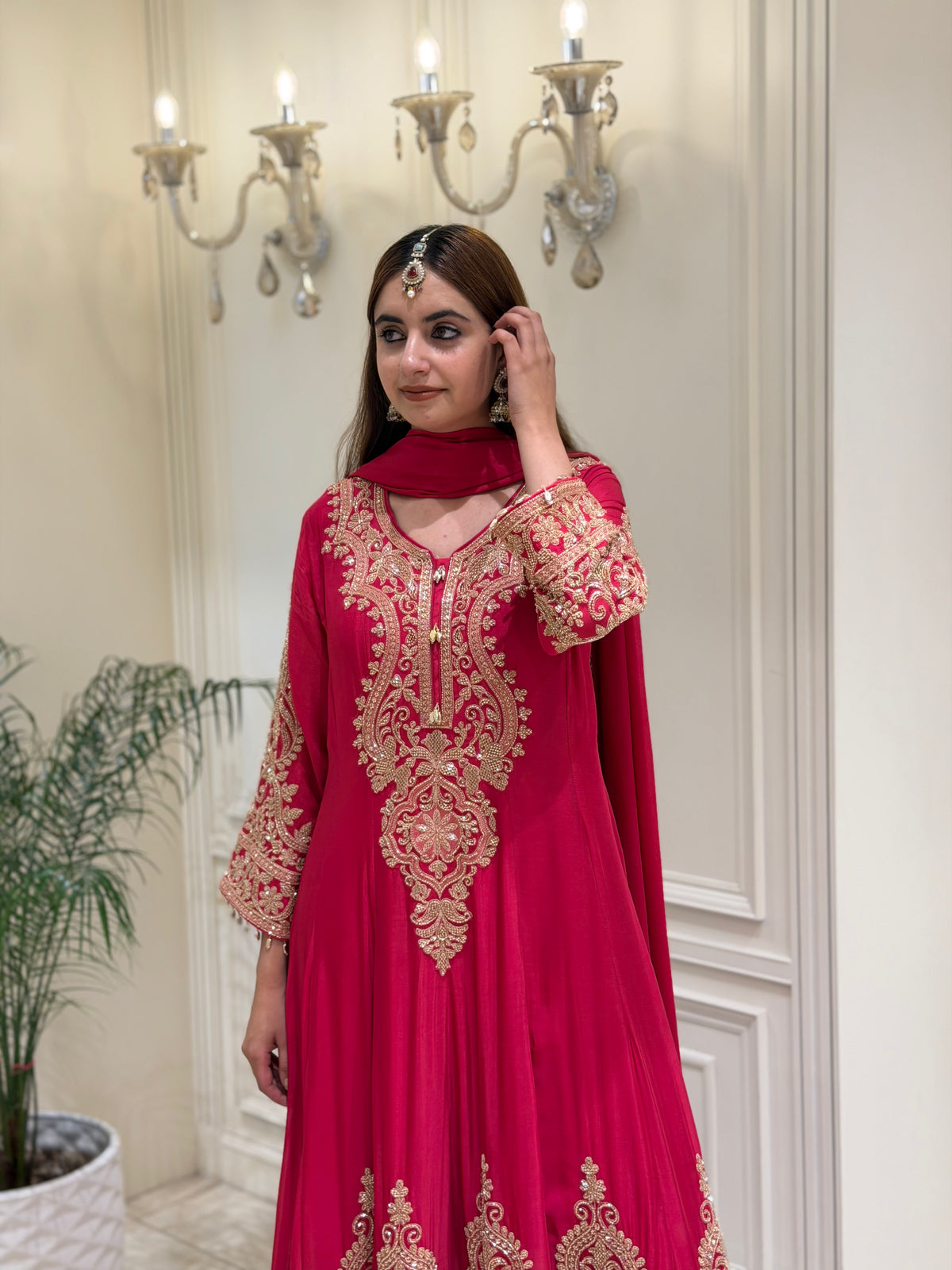 Rani Pink Chinoon Suit Set with Handcrafted Katdana Work