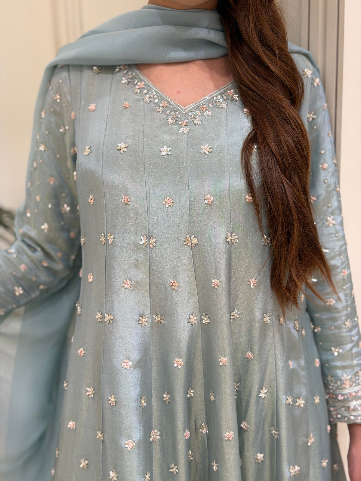 Hand-Embellished Tissue Anarkali Set