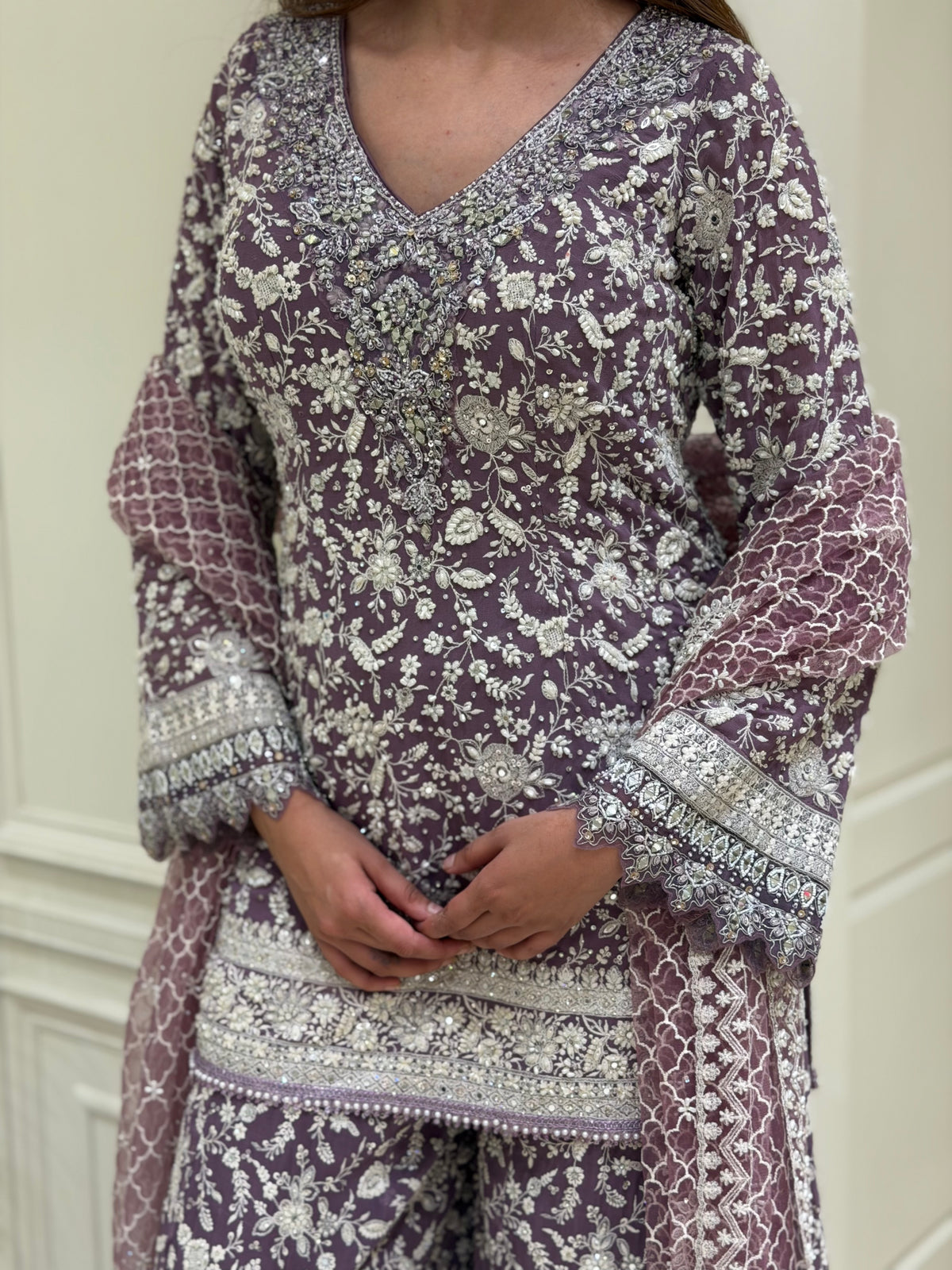 Hand-Embellished Georgette Sharara Set