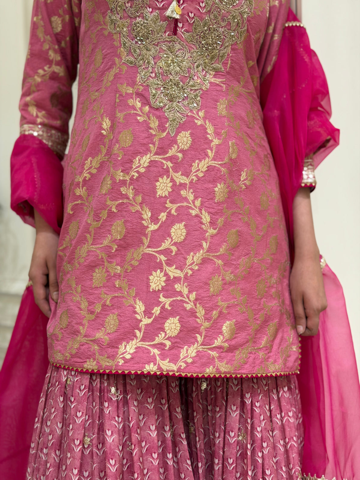 Hand-Embellished Silk Kurta with Chinon Gharara Set