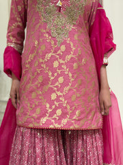 Hand-Embellished Silk Kurta with Chinon Gharara Set
