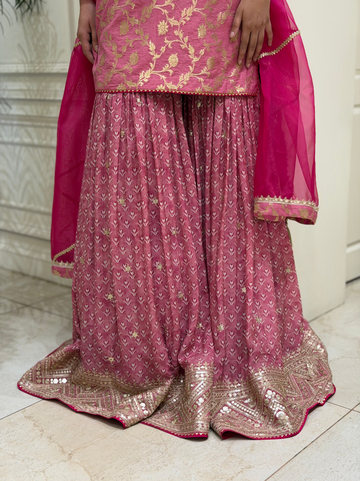 Hand-Embellished Silk Kurta with Chinon Gharara Set