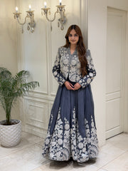 Charcoal Grey Silk Organza Jacket & Skirt Set