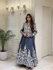 Charcoal Grey Silk Organza Jacket & Skirt Set