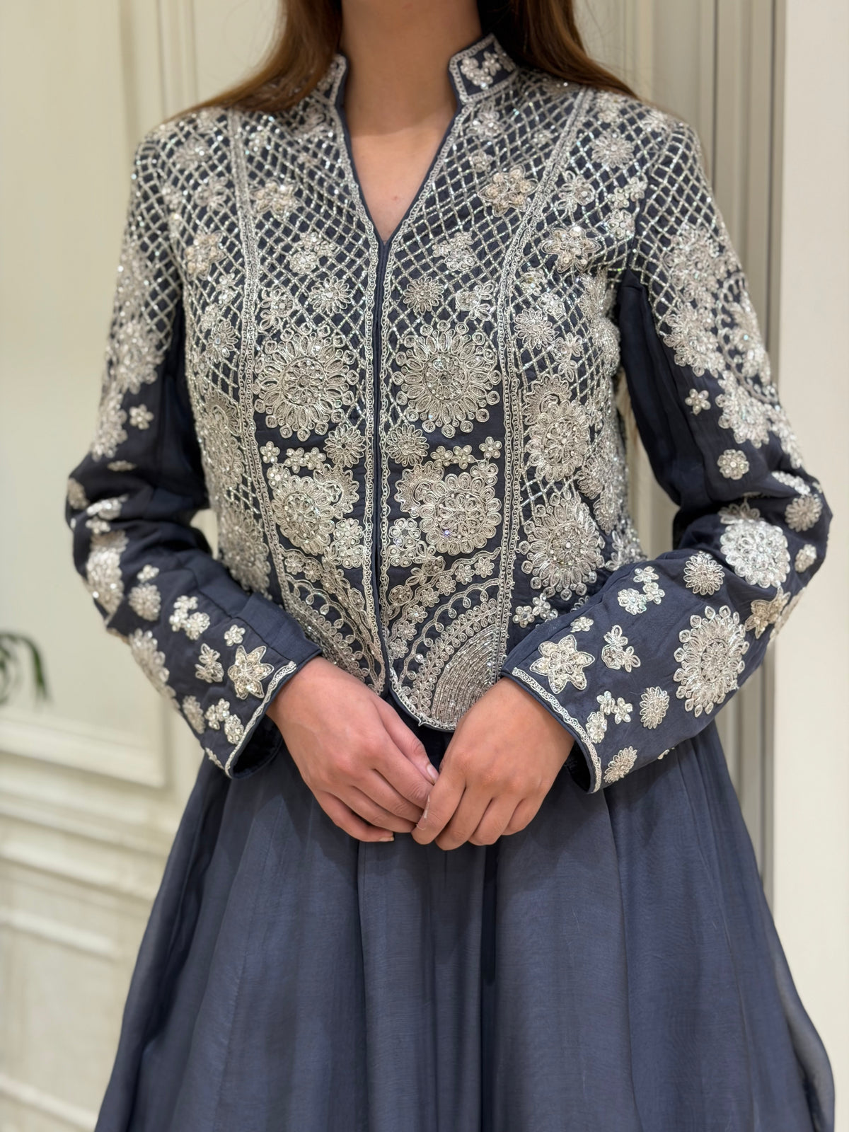 Charcoal Grey Silk Organza Jacket & Skirt Set
