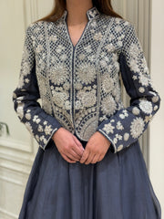 Charcoal Grey Silk Organza Jacket & Skirt Set