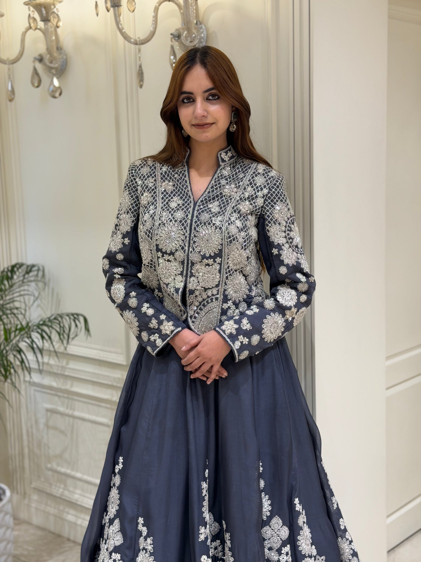Charcoal Grey Silk Organza Jacket & Skirt Set