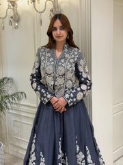 Charcoal Grey Silk Organza Jacket & Skirt Set