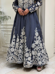 Charcoal Grey Silk Organza Jacket & Skirt Set