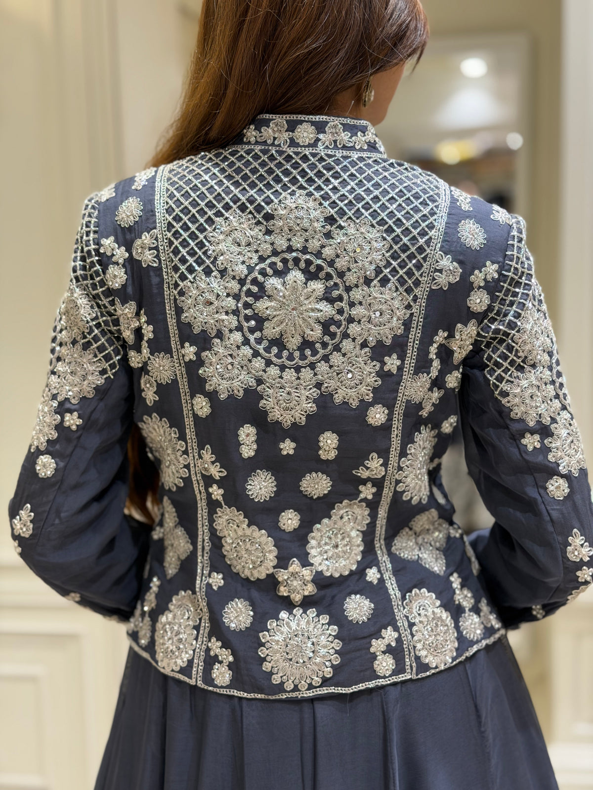 Charcoal Grey Silk Organza Jacket & Skirt Set